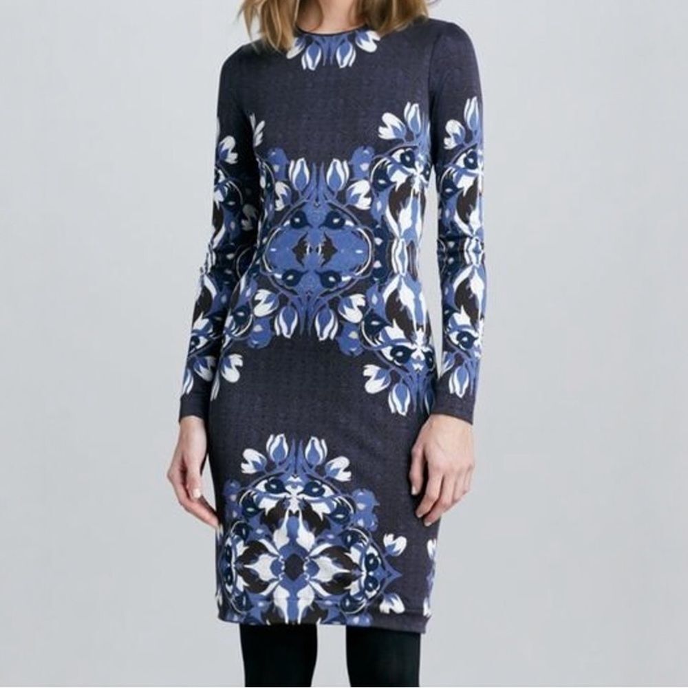 Tory Burch Blue Floral Medallion Sheath Dress Size 10 Jersey Long Sleeve Stretch